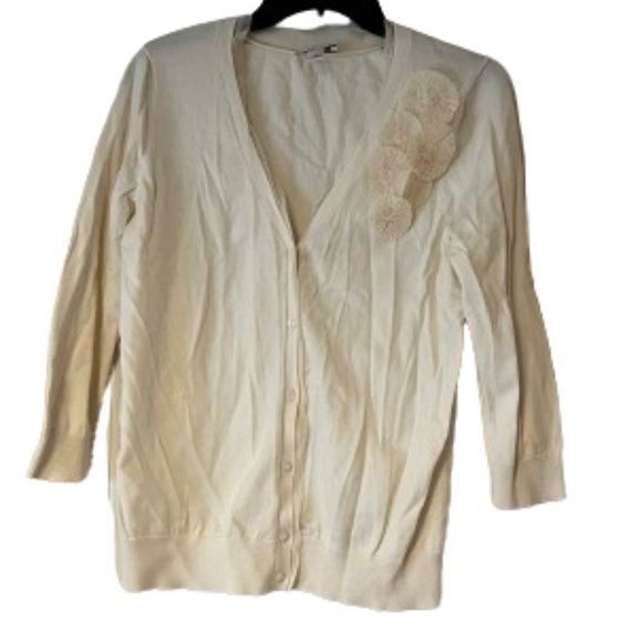 Loft 3/4 Sleeve Cream Cardigan with Flower Detail - Medium - Picture 1 of 4